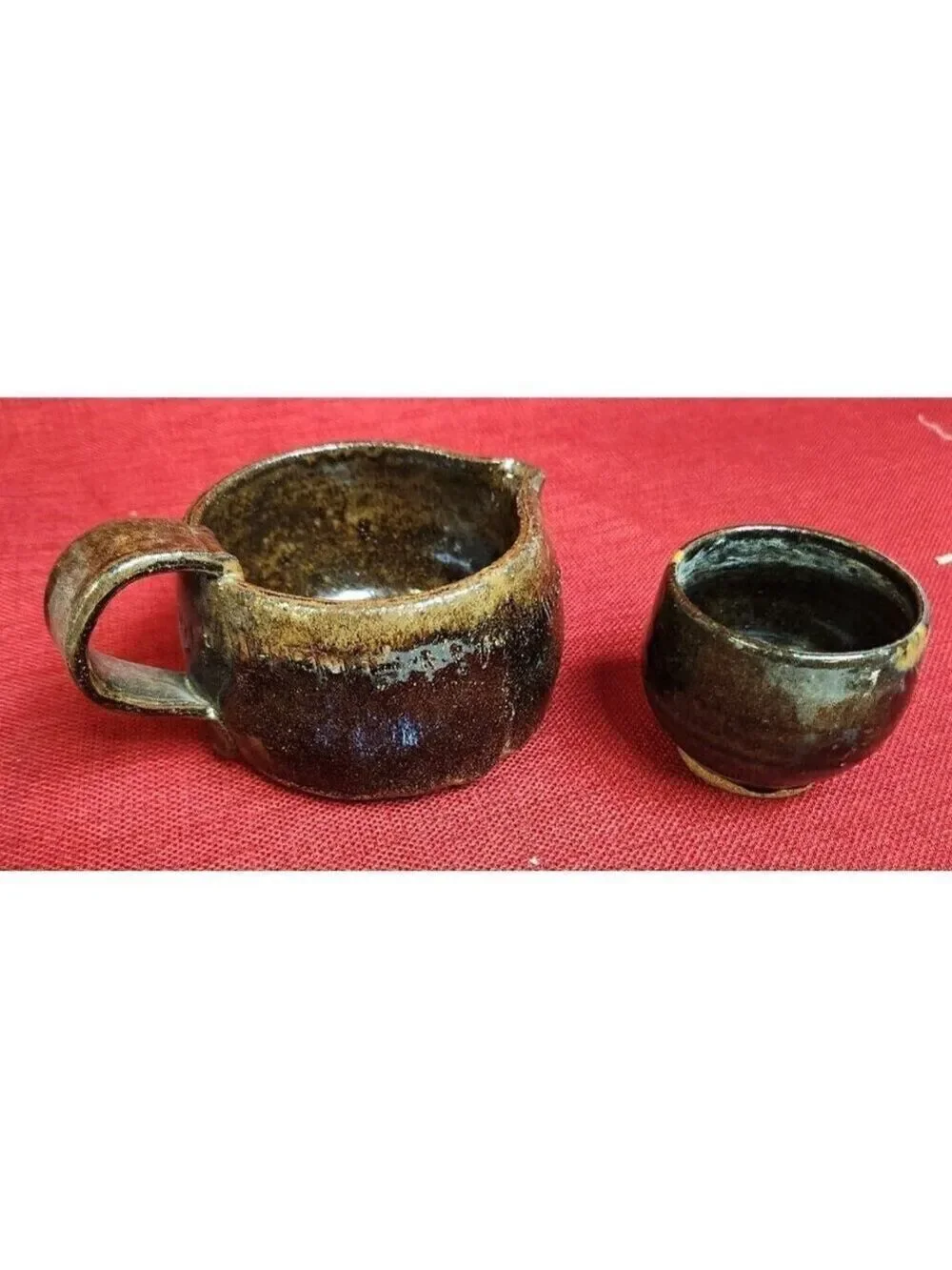 Vintage Ceramic Creamer Pitcher & Small Cup Set, Coffee Bar, Unique Pottery, 198